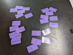 Purple cards in four piles. One pile has text describing a problem, one pile has motion maps with acceleration arrows, one pile has unlabeled free-body diagrams, and one pile has unlabeled vector addition diagrams.